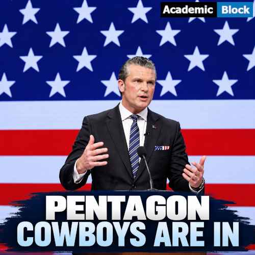 Image showing Pete Hegseth in a black suit speaks before a U.S. flag with “COWBOYS ARE IN” text highlighting the Pentagon leadership overhaul.