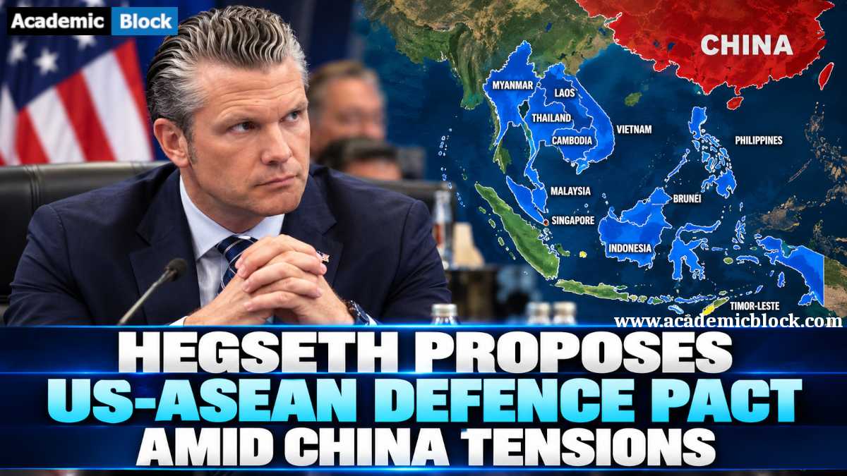 Image showing Pete Hegseth at a defense meeting, with a map of Southeast Asia highlighting ASEAN countries and China, illustrating the proposed US–ASEAN defense framework amid rising regional tensions.