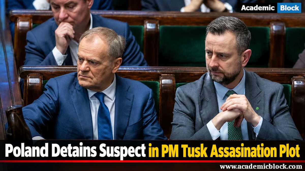 This image shows a Polish parliamentary session with Prime Minister Donald Tusk and Defence Minister Władysław Kosiniak-Kamysz in frame, hearing a report on an alleged assassination plot against Polish PM and Defence Minister.