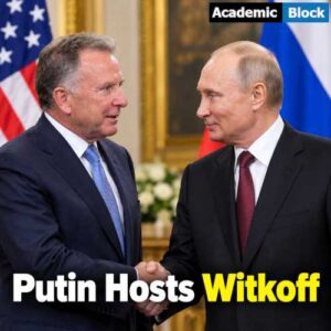 Vladimir Putin meets U.S. envoy Steve Witkoff in a formal diplomatic setting, with American and Russian flags in the background.