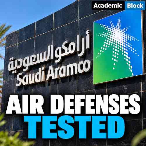 Image showing Saudi Aramco headquarters sign with bold “Air Defenses Tested” headline, highlighting Saudi Arabia’s air defense challenges amid Houthi missile and drone attacks.