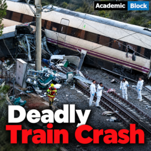 This image shows the devastating high-speed train crash in central Spain killed at least 68 people, leaving wrecked carriages and scattered debris as emergency responders work at the scene.