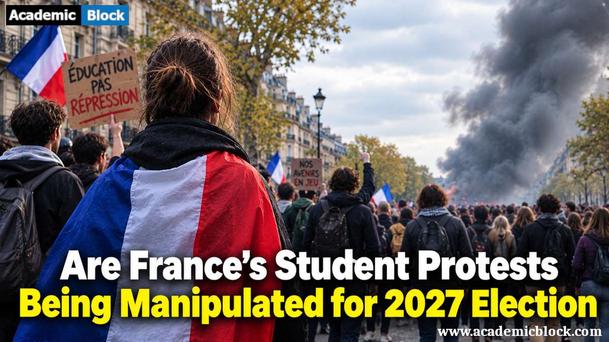 A student protest in Paris features demonstrators waving French flags and holding signs amid thick smoke ahead of France’s 2027 election.