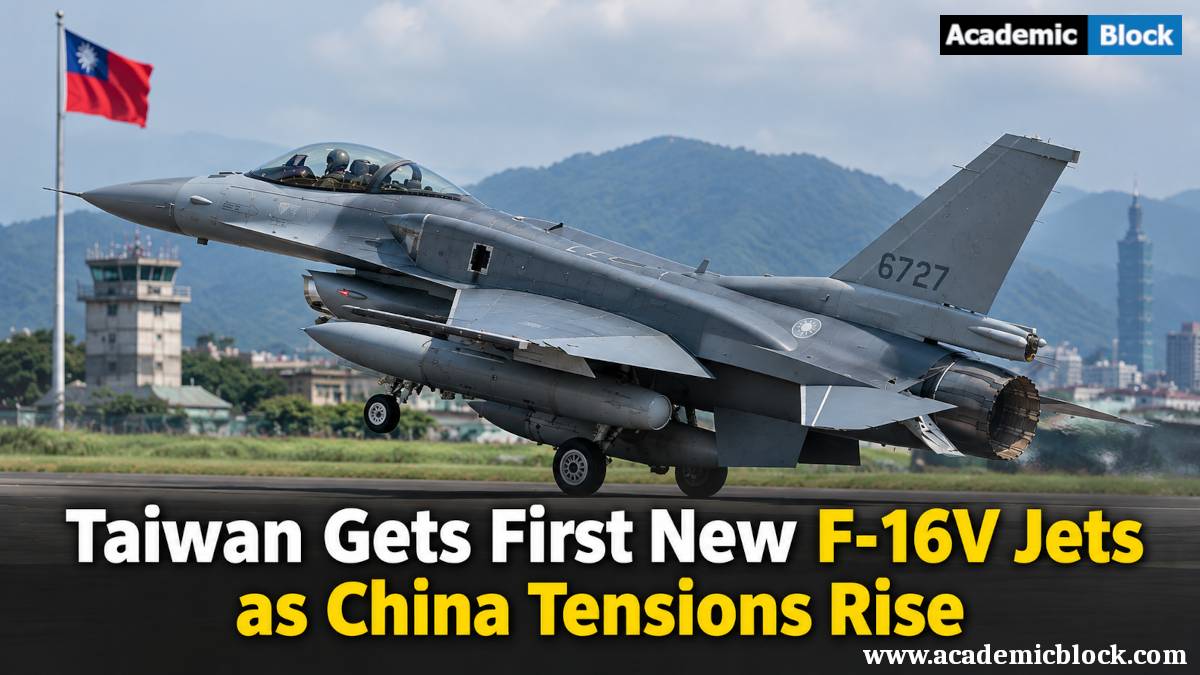 Image showing a Taiwan F-16V fighter jet on a runway with mountains, an airbase control tower, and the Taiwan flag in the background.