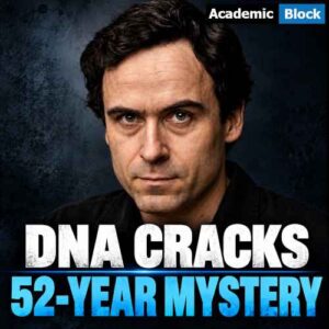Ted Bundy-inspired portrait in a black shirt against a dark blue background, featuring the headline, DNA Cracks 52-Year Mystery about DNA evidence linking Bundy to a 1974 Utah teen murder.