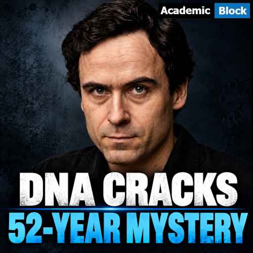 Ted Bundy-inspired portrait in a black shirt against a dark blue background, featuring the headline, DNA Cracks 52-Year Mystery about DNA evidence linking Bundy to a 1974 Utah teen murder.