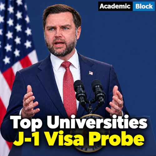 Image shows JD Vance addressing a press about probe into nine elite universities (including Harvard, MIT, Stanford, Yale, etc.) over alleged J-1 visa abuse.