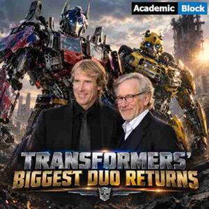 Image shows Optimus Prime and Bumblebee towering behind filmmakers Steven Spielberg and Michael Bay in a dramatic Transformers-inspired cinematic setting.
