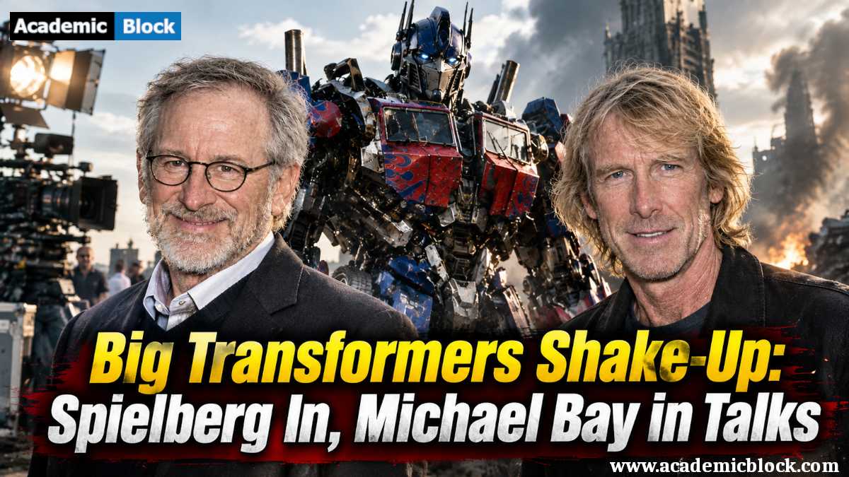 A realistic cinematic scene featuring Spielberg and Michael Bay with Optimus Prime, paired with bold headline text about a Transformers shake-up.