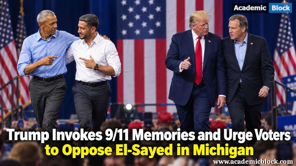 Image showing Barack Obama and El-Sayed face Donald Trump and Mike Rogers in a campaign rally setting, highlighting the political battle over Michigan’s voters.