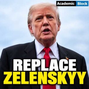 Image showing Donald Trump in a black suit, white shirt and red tie, with bold white and yellow text reading, REPLACE ZELENSKYY across the bottom.