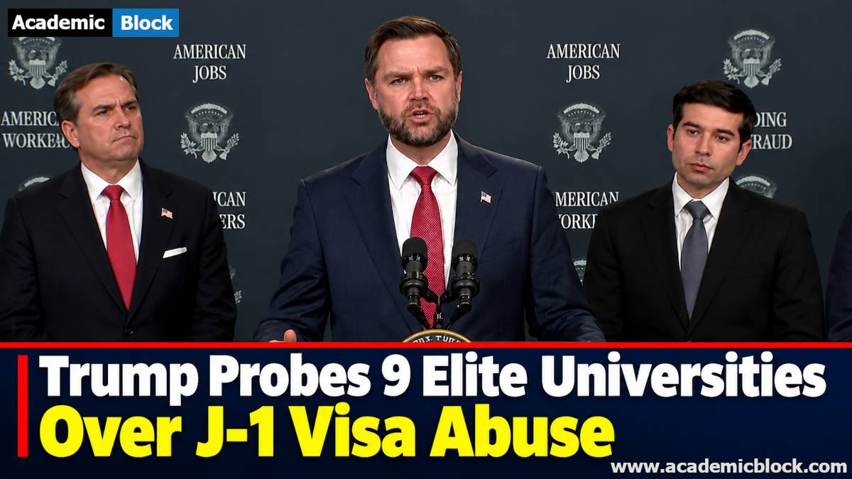 Image shows JD Vance addressing a press conference as Trump Administration probes nine elite universities, including Harvard, MIT, Stanford, Yale, etc. over alleged J-1 visa abuse.
