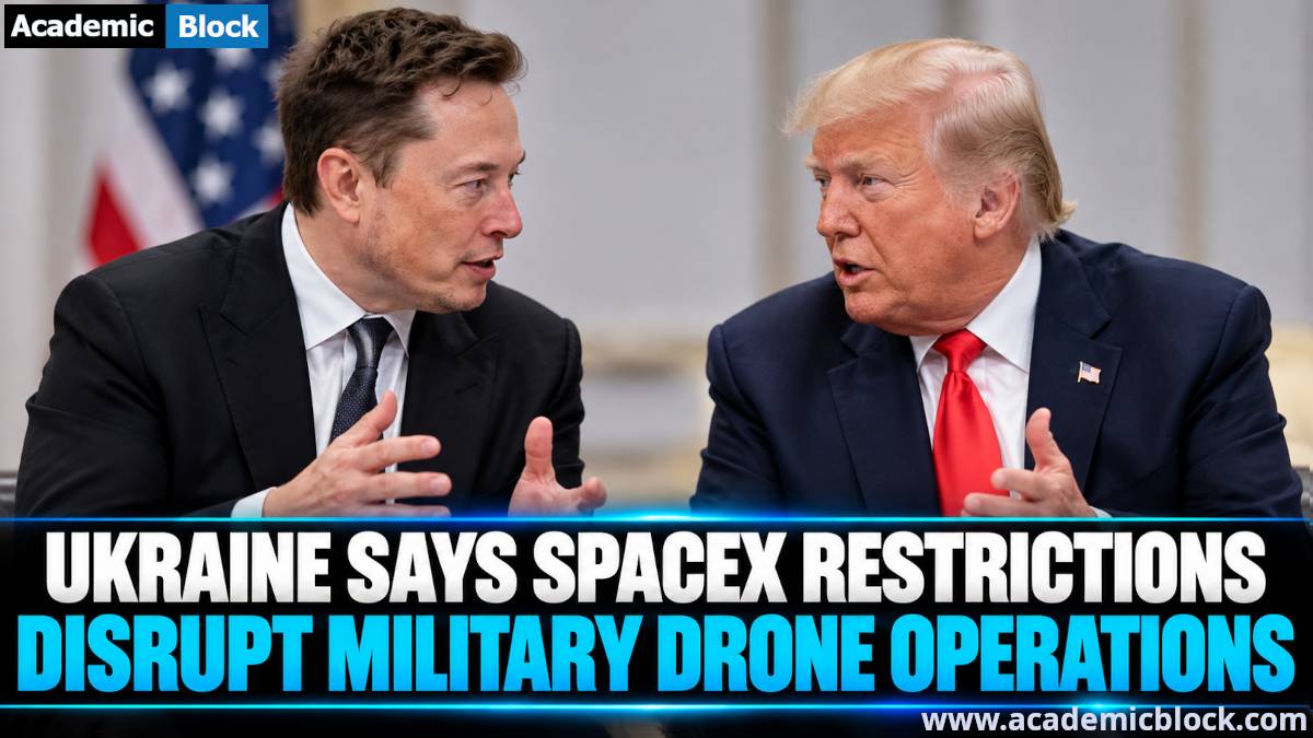 Image showing U.S. President Donald Trump and SpaceX CEO Elon Musk face each other during a discussion, illustrating Ukraine’s concerns that SpaceX restrictions are disrupting military drone operations.