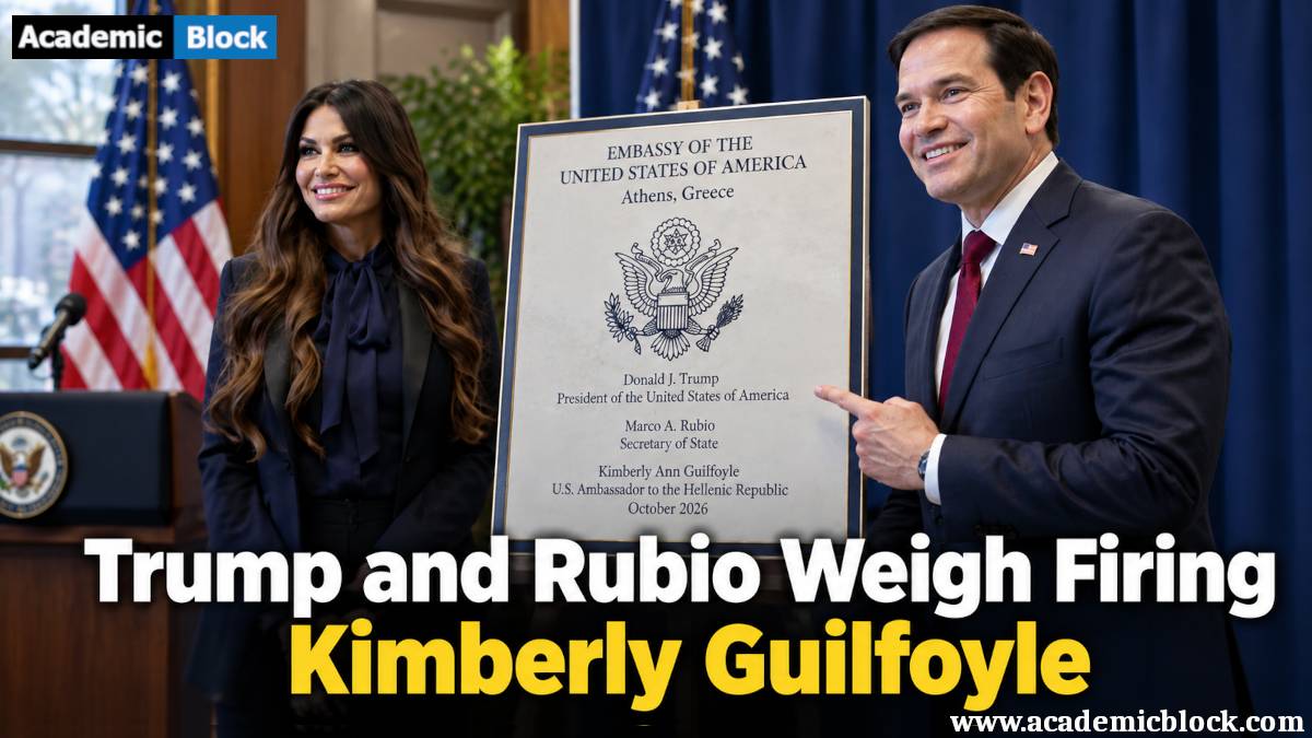 Marco Rubio points to an embassy dedication plaque beside Kimberly Guilfoyle, with American flags and a formal press-room backdrop.