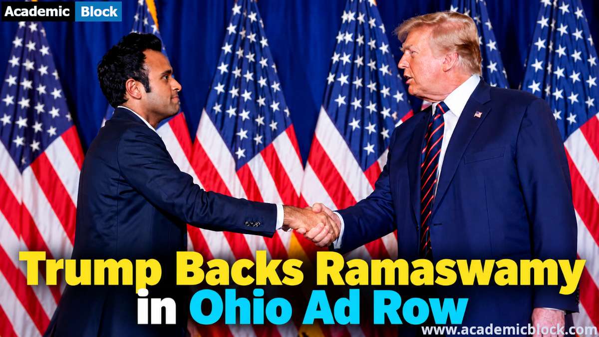 Image showing Donald Trump shakes hands with Vivek Ramaswamy amid controversy over an Ohio campaign ad targeting Amy Acton.
