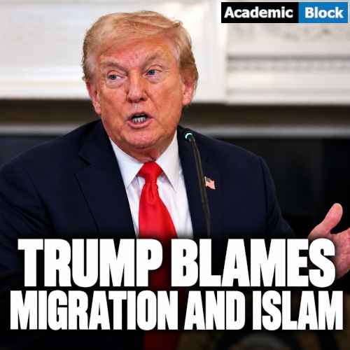 Image showing Donald Trump speaking as bold text reads, TRUMP BLAMES MIGRATION AND ISLAM in a news thumbnail about his comments on France protests.