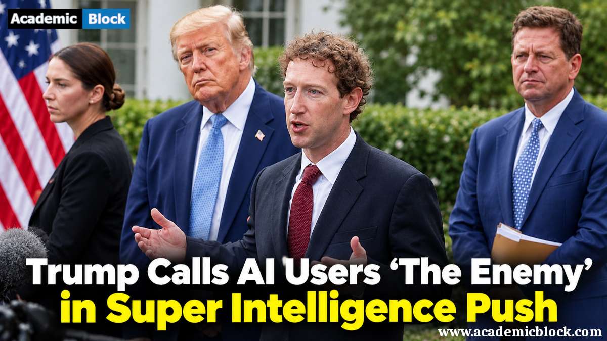Image shows Trump and Zuckerberg appear at a press briefing amid controversy over AI and superintelligence.