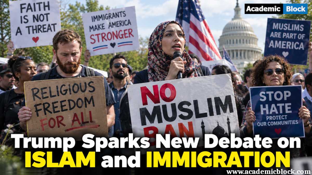 Image shows Protesters rally near the U.S. Capitol against the Muslim ban, advocating religious freedom and immigration rights.