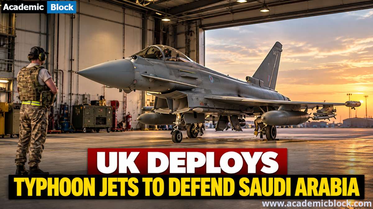 Image showing Royal Air Force Eurofighter Typhoon fighter jet inside an airbase hangar at sunset, illustrating the UK’s deployment of Typhoon jets to help defend Saudi Arabia against Houthi attacks.