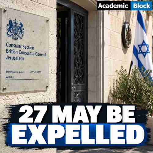 Image showing British Consulate General in East Jerusalem with Israeli flag and headline about 27 diplomats potentially facing expulsion.