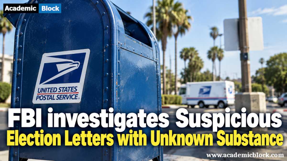 This image shows a USPS mailbox on a sunny street, highlighting concerns over election security and mail safety as FBI investigates suspicious election letters containing an unknown substance.