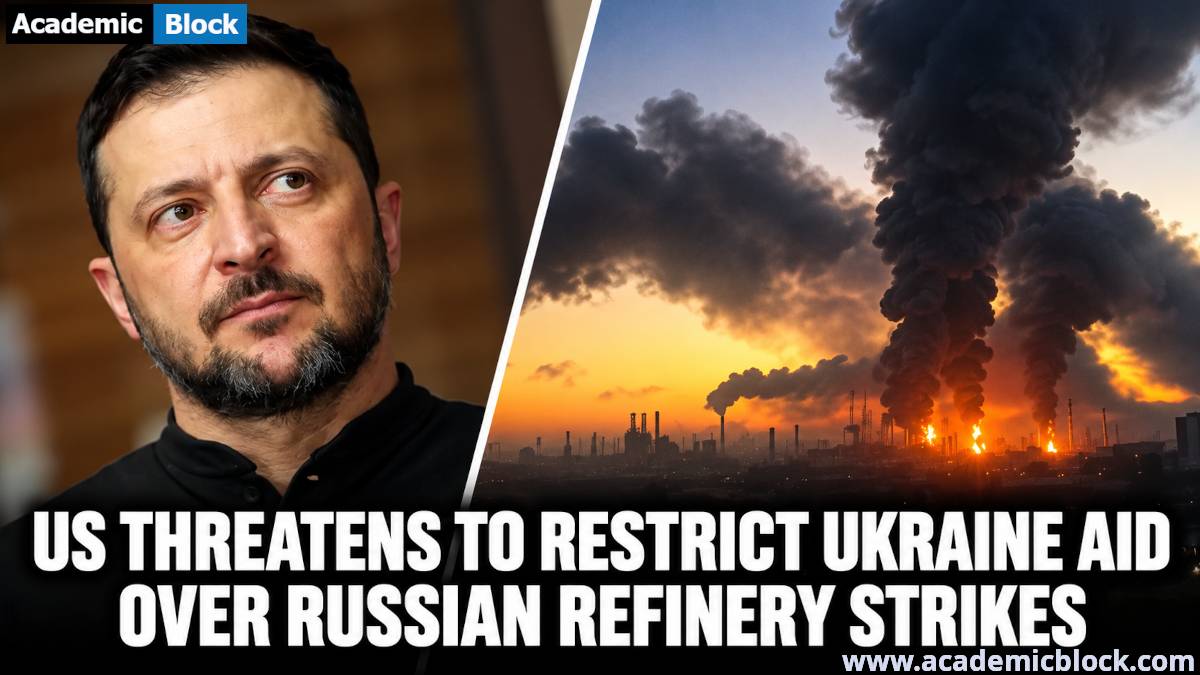 Image showing Volodymyr Zelenskyy beside a burning Russian oil refinery amid U.S. threats to restrict Ukraine aid.