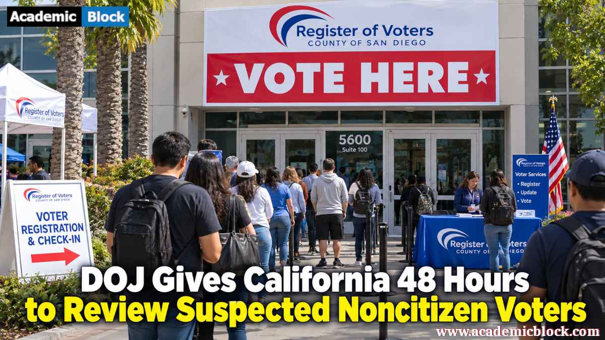 Image shows the San Diego County Registrar of Voters, with people queuing under a “VOTE HERE” sign and a bold headline about the DOJ’s 48-hour voter review deadline.