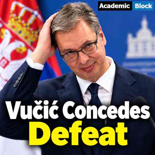 Image showing Serbian President Aleksandar Vučić appears pensive in front of a Serbian flag.