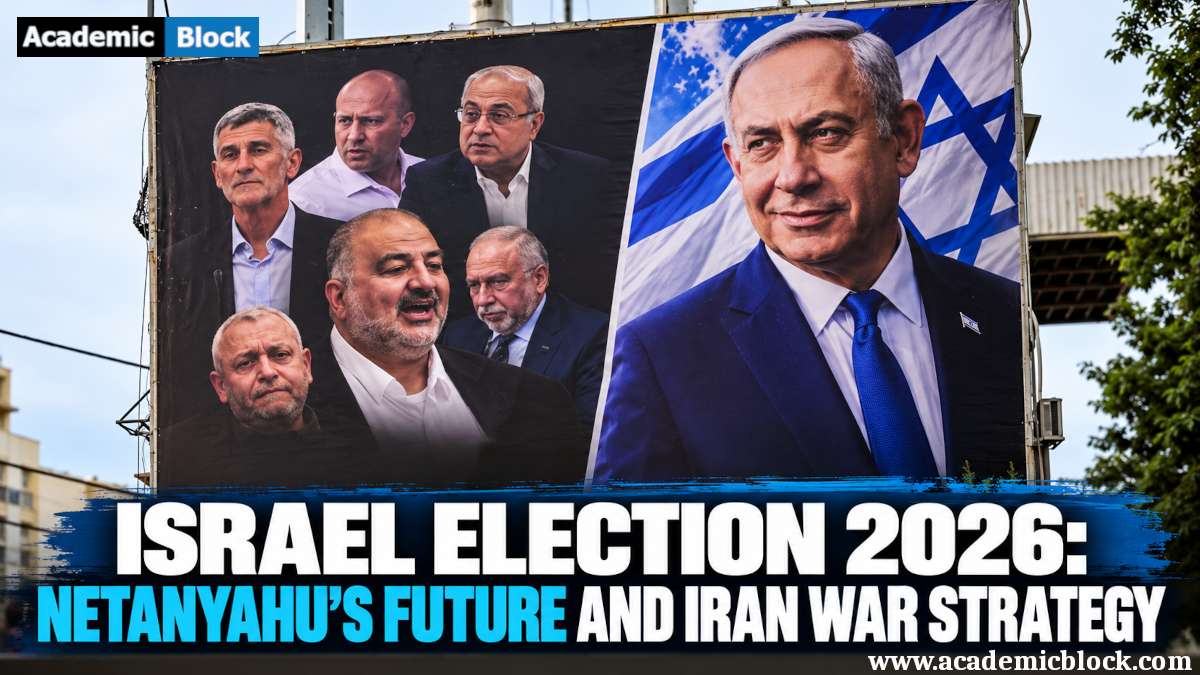Image showing Israel Election 2026 news thumbnail showing Benjamin Netanyahu on an election billboard alongside other Israeli political figures, with the headline Israel Election 2026: Netanyahu’s Future and Iran War Strategy.