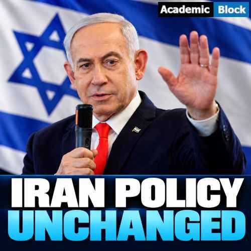 Image showing Benjamin Netanyahu raises his hand while speaking into a microphone, with the headline “Iran Policy Unchanged” in bold white and blue text, highlighting Israel’s 2026 election and its potential impact on Iran policy.