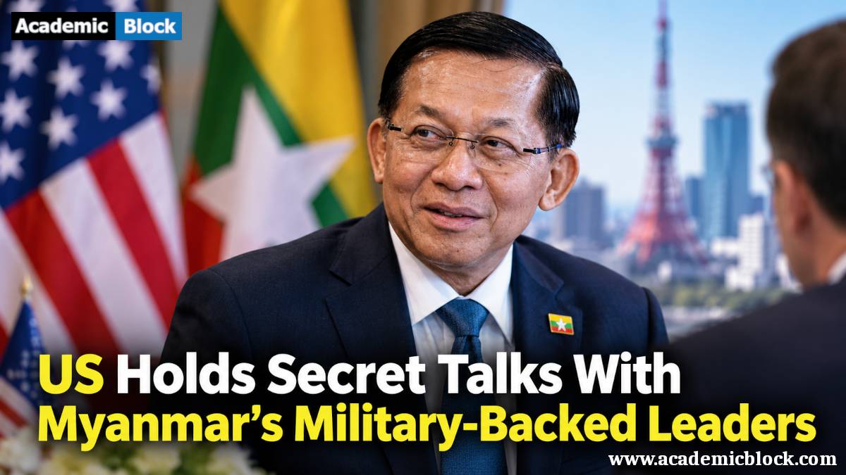 Image showing Min Aung Hlaing, Myanmar’s president and military leader, featured in a news thumbnail about secret US talks with Myanmar’s military-backed government in Tokyo.