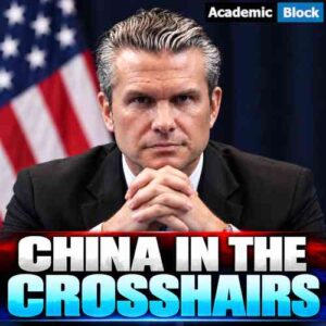 Image showing Pete Hegseth in a black suit with a serious expression, seated in front of a US flag, with the headline, China in the Crosshairs.